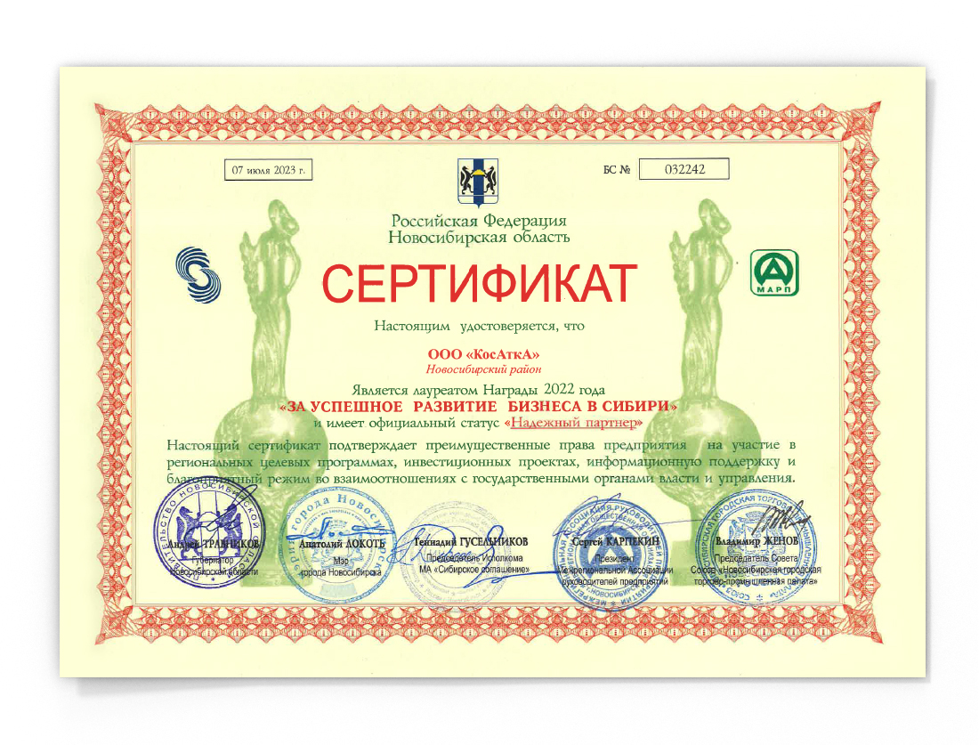 Сертификат за успешное развитие бизнеса в Сибири